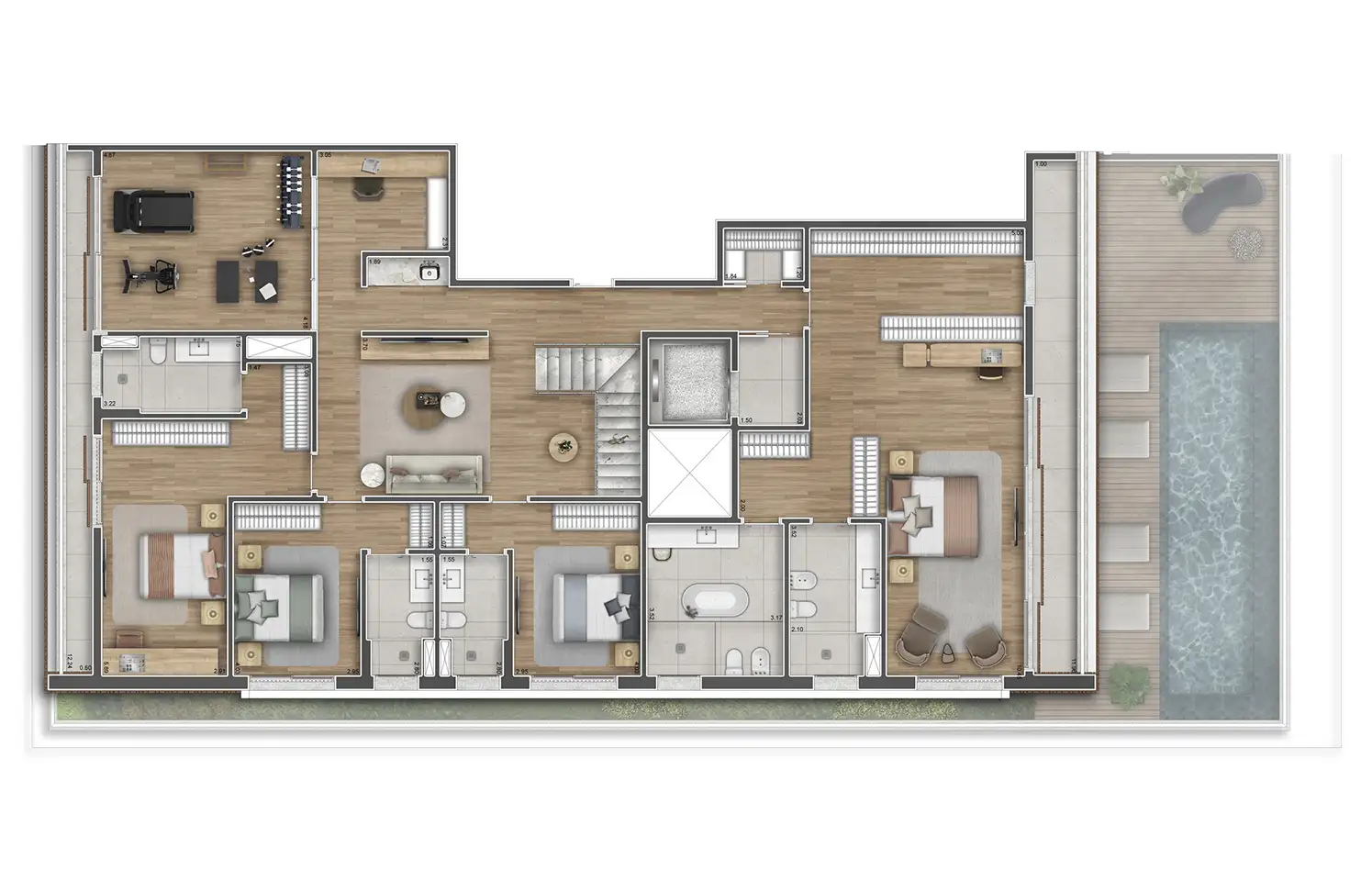 Planta-padrão (duplex superior) · 636 m²